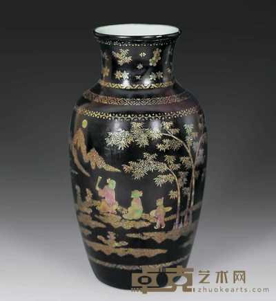 清康熙 瓷胎上黑漆嵌螺钿山水人物瓶 25.8cm